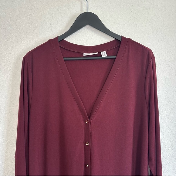 Susan Graver 1X Long Button-Up Cardigan Burgundy Gold Buttons Lightweight - Picture 2 of 6